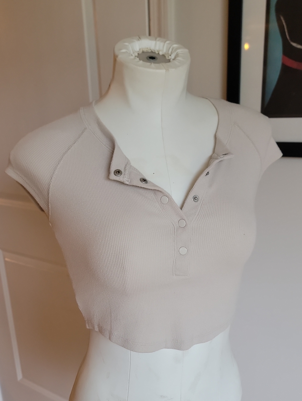 Garage Light Beige Ribbed Snap-Front Crop Top